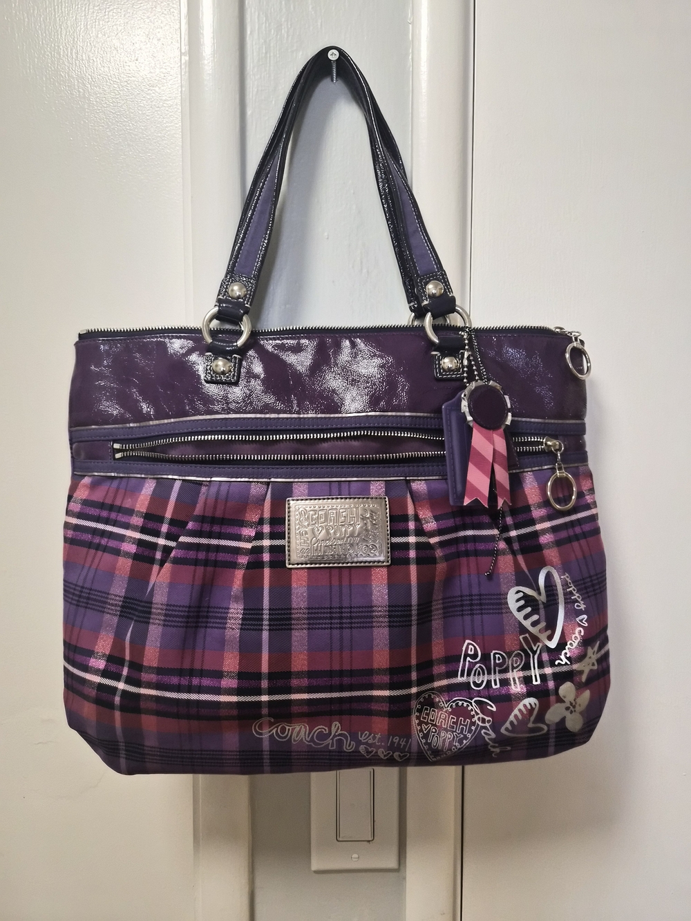 Coach Purple Plaid Tote with Pink Accents